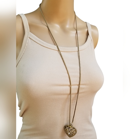 VINTAGE LONG SNAKE CHAIN WITH CRYSTAL DETAILED CAGED HEART PENDANT NECKLACE - Picture 3 of 8